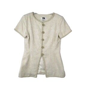 Womens Top Jacket 10 Ivory Jacquard Cotton Flax Braided Trim Oriental Eastern